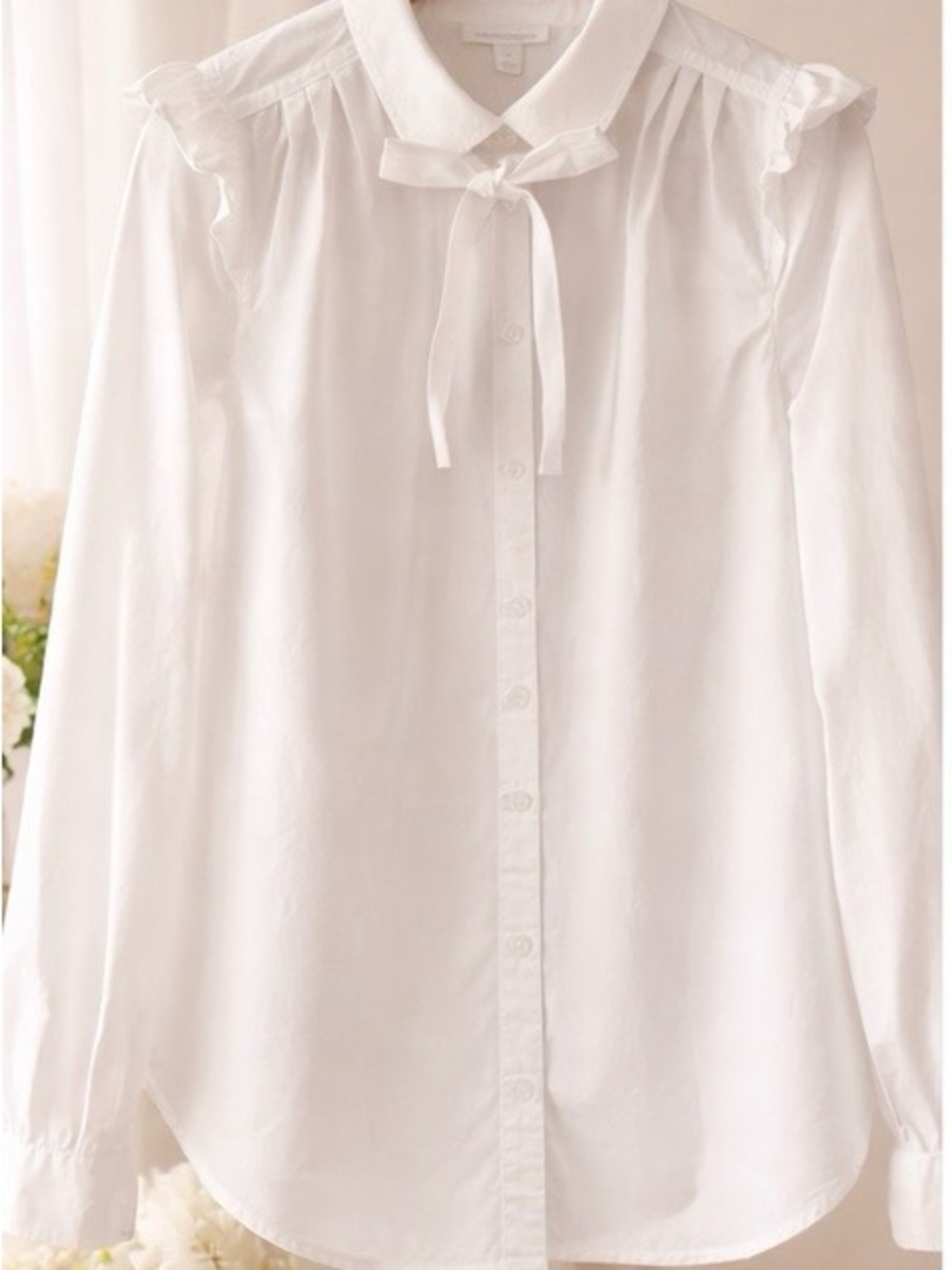 Charter Club White Ruffle Tie-Neck Blouse 100% Cotton | Feminine Top M
